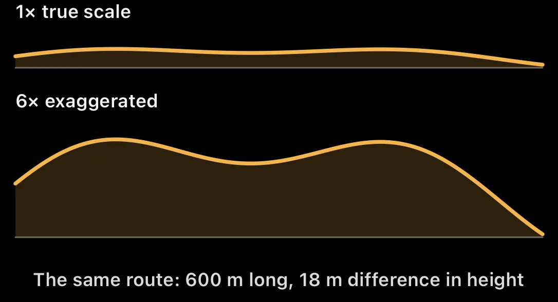 Diagram: elevation profile at true scale and exaggerated