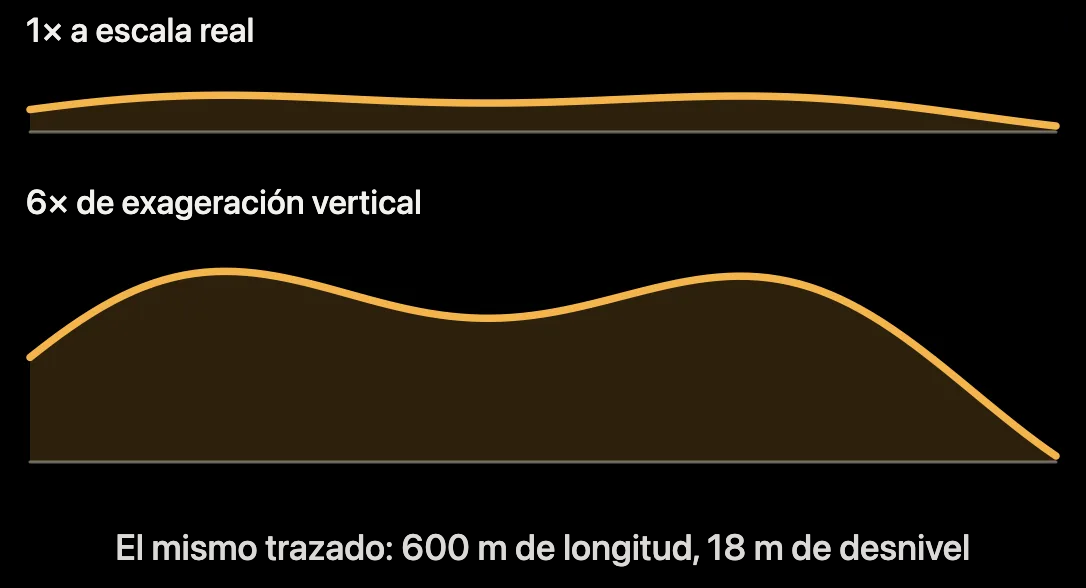 Esquema: perfil de altitud a escala real y exagerado verticalmente