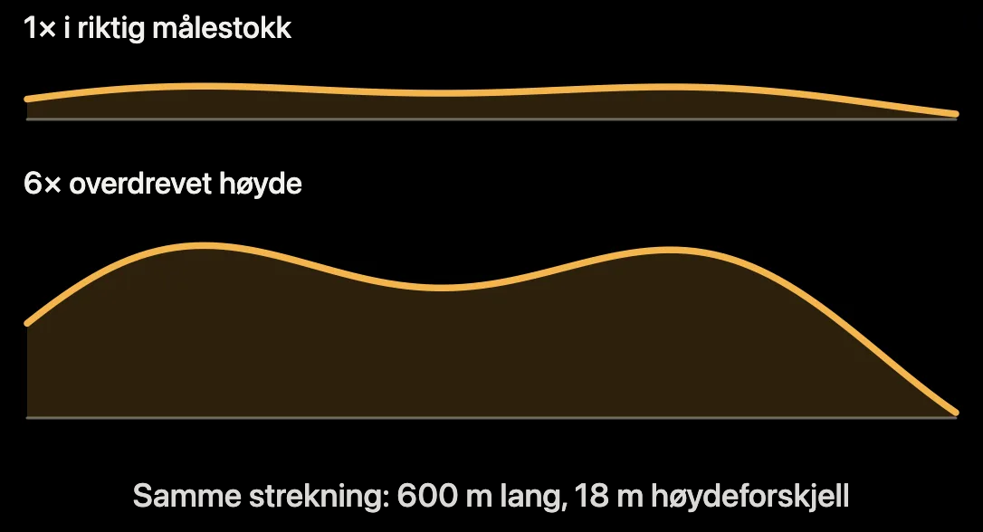 Diagram: høydeprofil i virkelig skala og forsterket