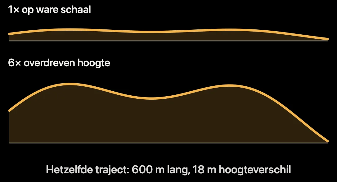 Diagram: hoogteprofiel op ware schaal en uitvergroot