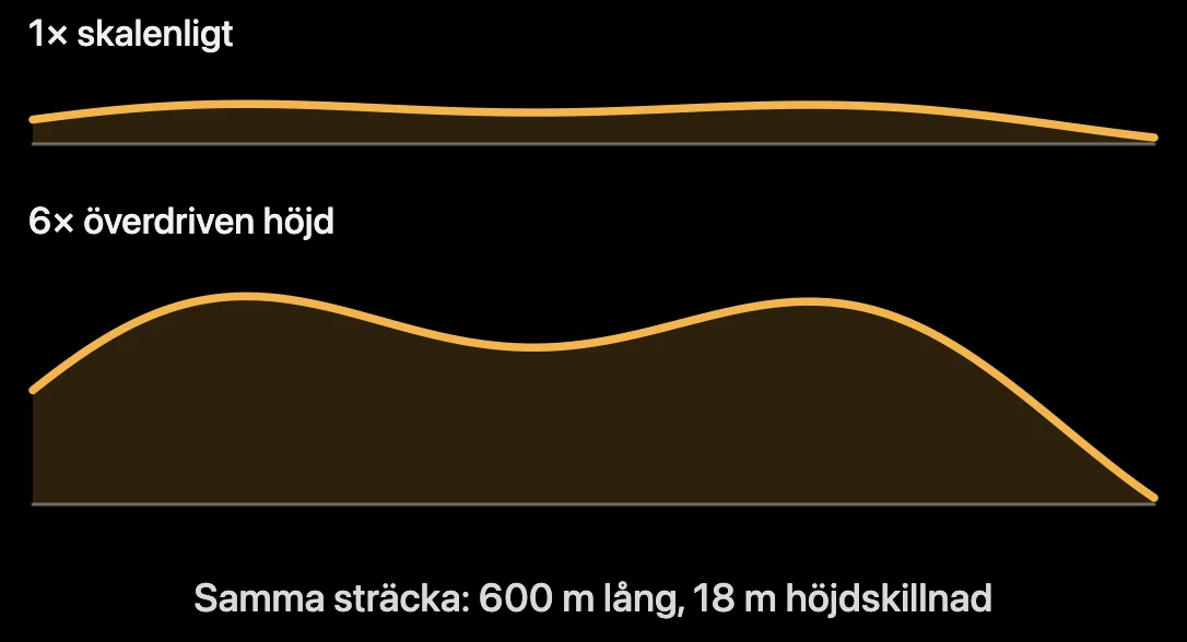 Diagram: höjdprofil i verklig skala och förstärkt