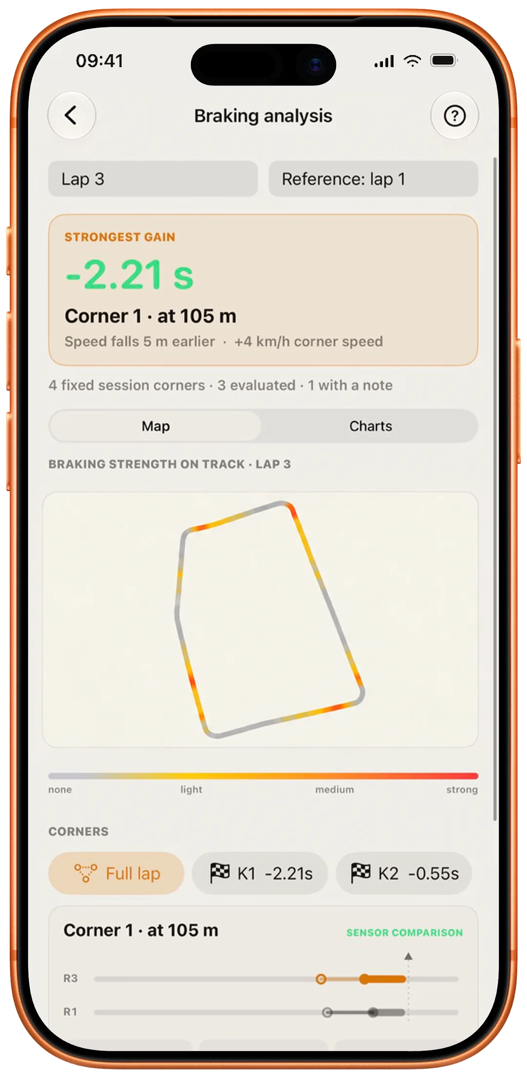 Braking analysis with course map and corner comparison