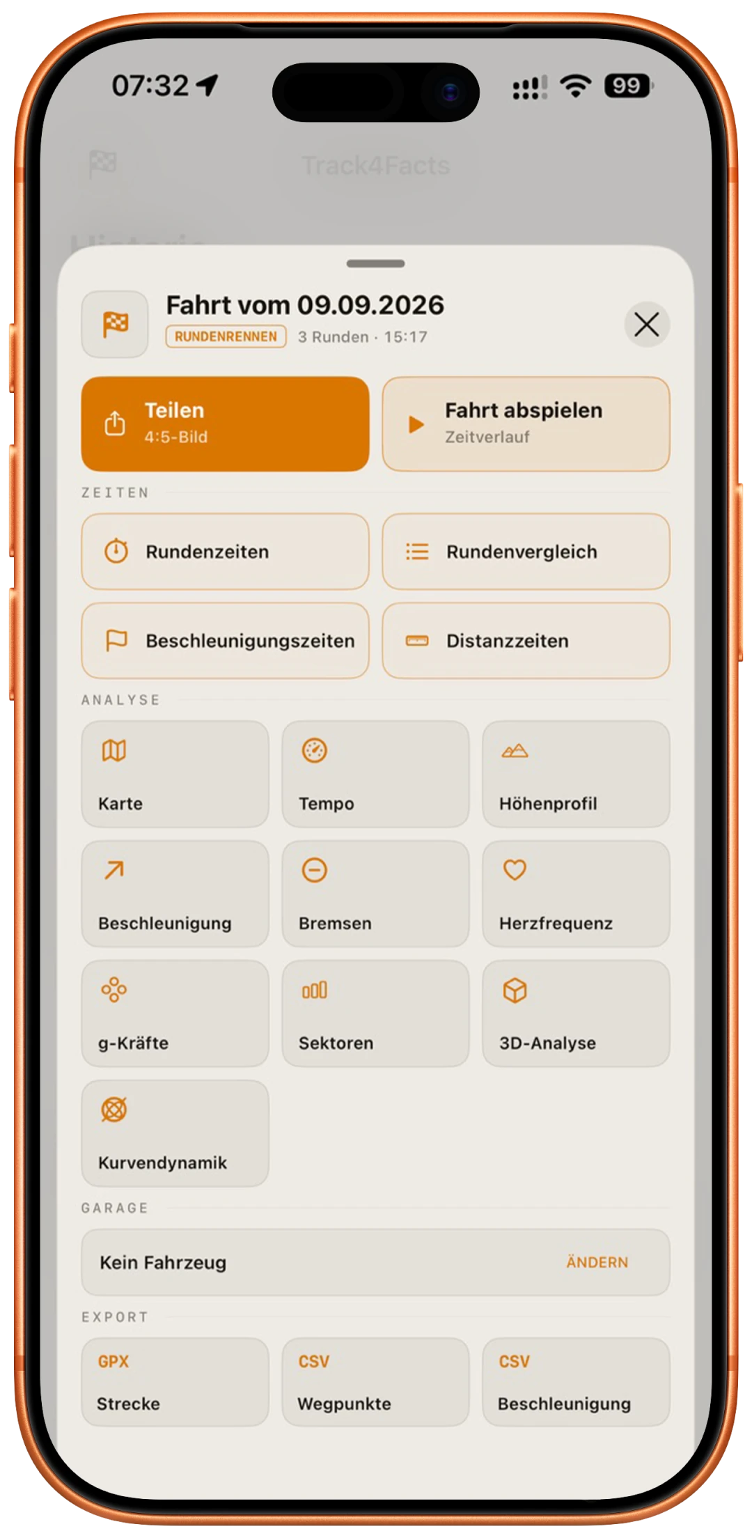 Fahrtdetails mit Rundenzeiten, Analysen und Exporten